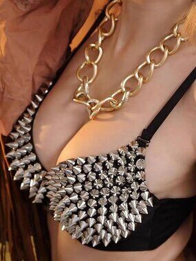 Women's Punk Silver Metallic Spiked Rivet Studded Spaghetti Strap Push Up Bra